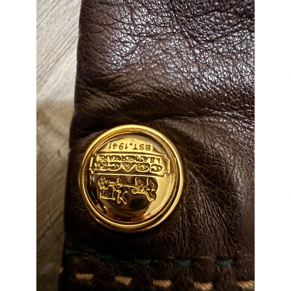 Coach Leatherware Est 1941 Dark Brown Leather Gloves Gold Logo Button Womens S